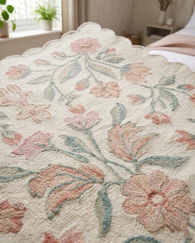 Floral Scalloped Rug, Hand Tufted Wool Nursery Area Rug - Etsy UK