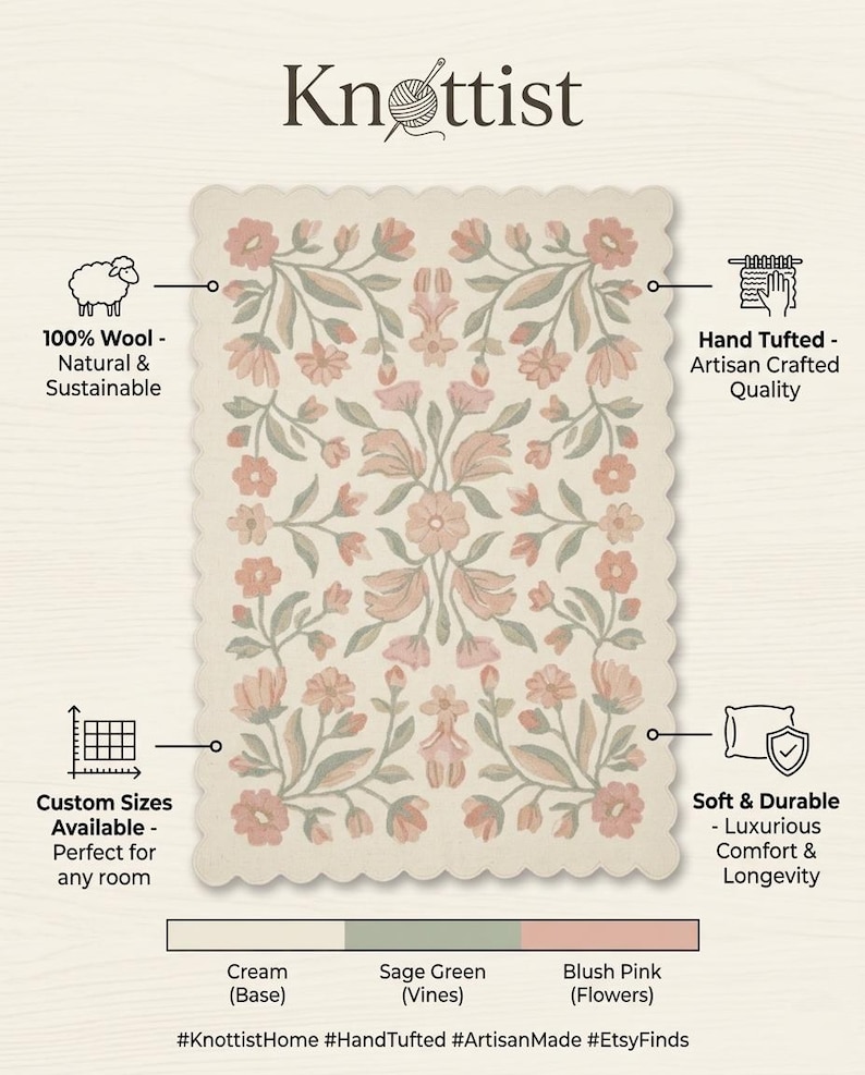Floral Scalloped Rug, Hand Tufted Wool Nursery Area Rug - Etsy UK