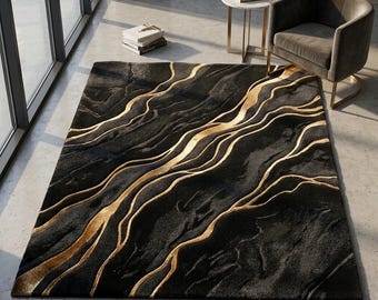 Black Gold Marble Rug, Luxury Abstract Area Rug, Modern Glam Carpet, Contemporary Wool Rug, Statement Living Room Decor