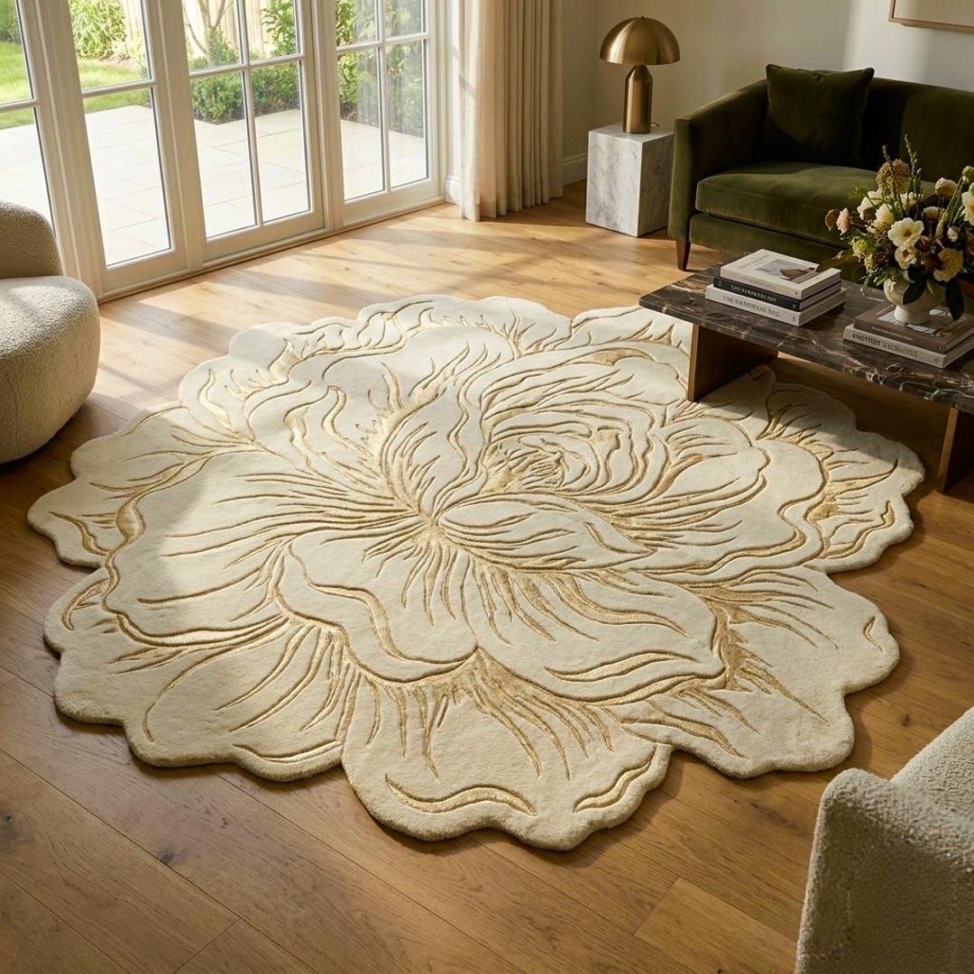 Flower Shaped Rug, Floral Area Rug, Cream Wool Carpet, Botanical Tufted ...