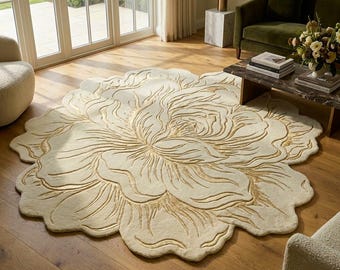 Flower Shaped Rug, Floral Area Rug, Cream Wool Carpet, Botanical Tufted Rug, Statement Living Room Decor, Handmade Flower Rug
