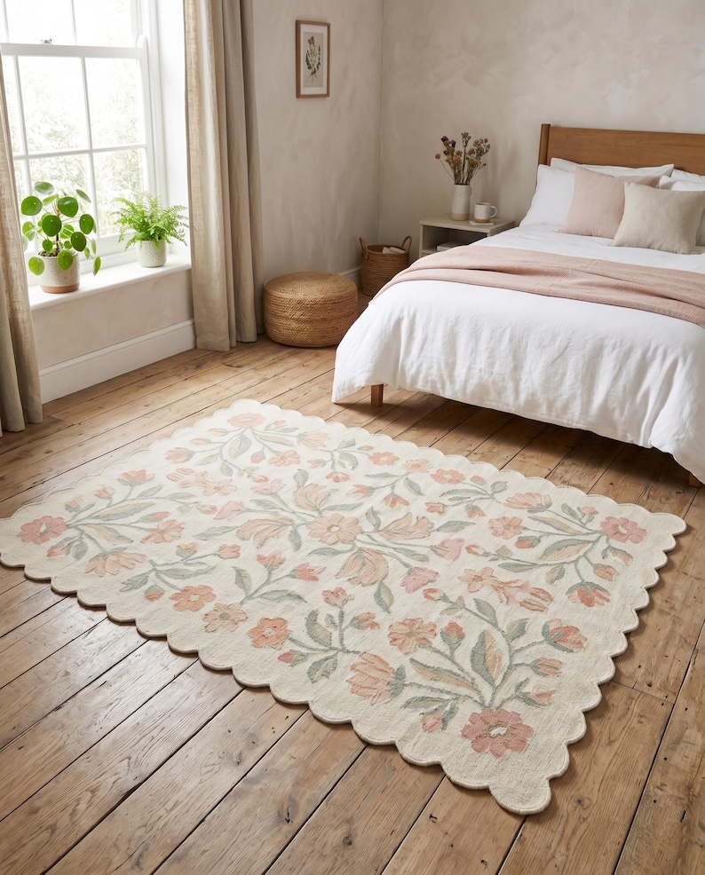 Floral Scalloped Rug, Hand Tufted Wool Nursery Area Rug - Etsy UK
