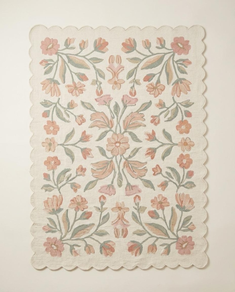 Floral Scalloped Rug, Hand Tufted Wool Nursery Area Rug - Etsy UK