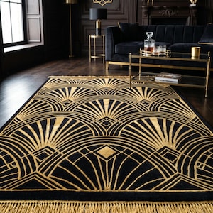 Art Deco svartguldmatta, lyxig Gatsby-ullmatta, geometrisk tuftad matta, modern elegant vardagsrumsmatta handgjord