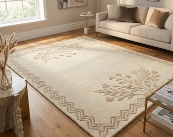 Minimalist Floral Rug, Cream Wool Area Rug, Botanical Carpet, Neutral Rug, Handmade Tufted Rug, Farmhouse Decor