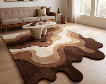 Brown Abstract Shaped Rug, Organic Modern Area Rug, Irregular Contemporary Carpet, Handmade Wool Living Room Decor