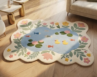Kids Play Rug, Nursery Area Rug, Pond Animal Rug, Handmade Tufted Wool Rug, Baby Room Decor, Montessori Playroom Carpet, Scalloped Rug