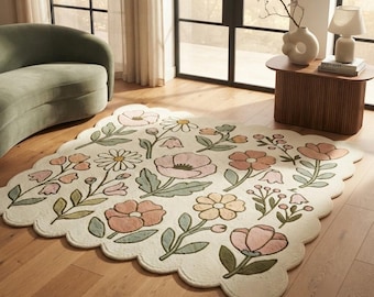 Scalloped Floral Rug, Handmade Tufted Wool Area Rug, Cottagecore Flower Rug, Botanical Living Room Decor, Nursery Rug