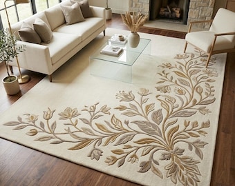 Floral Area Rug, Botanical Wool Rug, Cream Floral Carpet, Handmade Tufted Rug, Traditional Living Room Rug, Neutral Decor Rug