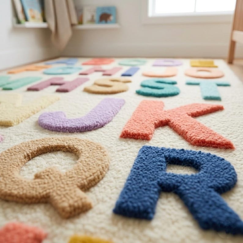 May include: A rectangular area rug featuring a tufted alphabet design with raised, multi-colored letters in shades of blue, orange, yellow, purple, pink, and green set against a textured, off-white background with a soft, plush pile surface.