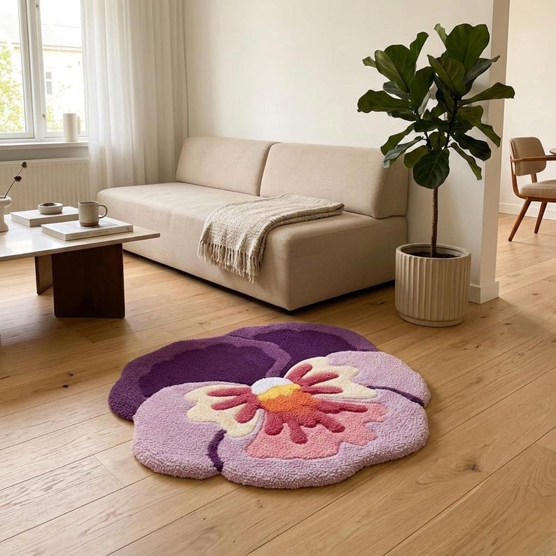 May include: A plush, flower-shaped rug in shades of purple, pink, and yellow. The rug is placed on a hardwood floor in a living room setting. The flower design has a detailed, textured appearance, adding a decorative element to the room.