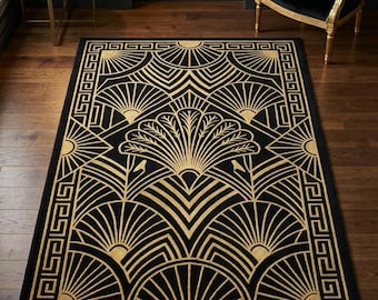 Art Deco Rug Black Gold, Luxury Geometric Area Rug, Gatsby Inspired Carpet, Handmade Wool Rug, Elegant Living Room Decor