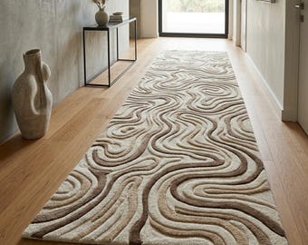 Handmade Wool Abstract Runner Rug, Beige Tufted Hallway Carpet