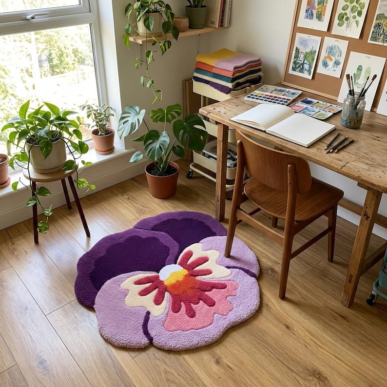 May include: A large, flower-shaped rug in shades of purple, pink, and cream sits on a wooden floor. The rug's design resembles a pansy, with a dark purple outer edge, light purple petals, and a cream and pink center. The room is decorated with plants and a wooden desk.
