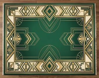 Art Deco Rug, Emerald Green Area Rug, Geometric Wool Rug, Handmade Tufted Carpet, Gatsby Style Rug, Luxury Living Room Decor