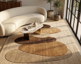 Neutral Abstract Pebble Rug, Modern Organic Area Rug, Beige Contemporary Carpet, Handmade Wool Living Room Decor