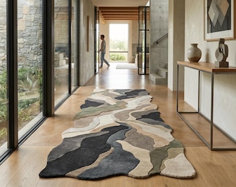 Handmade Abstract Wool Runner Rug, Organic Shape Hallway Carpet, Modern Neutral Floor Decor