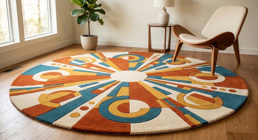 Mid Century Modern Round Rug, Geometric Wool Statement Carpet - Etsy