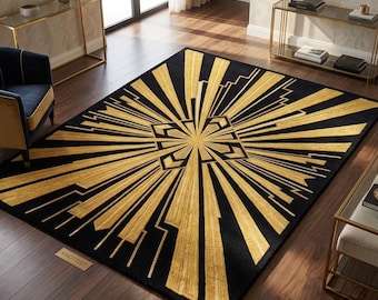 Art Deco Sunburst Rug, Black Gold Area Rug, Gatsby Style Carpet, Luxury Geometric Wool Rug, Statement Living Room Decor