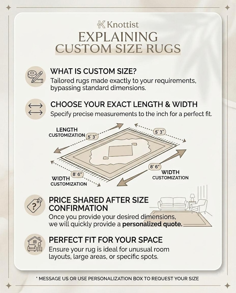 May include: An informational graphic titled Knottist Explaining Custom Size Rugs. It features icons and text explaining the process of ordering custom-sized rugs, including length and width customization with examples of 5' 3" and 8' 6" dimensions.