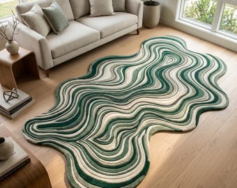 Green Abstract Shaped Rug, Organic Wave Area Rug, Modern Tufted Carpet, Contemporary Wool Living Room Decor