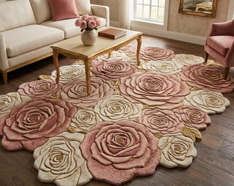 Rose Flower Rug, Floral Area Rug, Pink Rose Carpet, Handmade Wool Rug, Romantic Home Decor, Botanical Tufted Rug, Statement Floral Rug