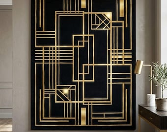 Art Deco Rug, Black Gold Geometric Rug, Gatsby Style Area Rug, Luxury Wool Carpet, Modern Statement Living Room Decor