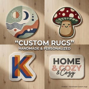 May include: Four custom rugs are shown, each with a distinct design. One is circular with a sun and moon, another a mushroom, a third a letter "K", and the last reads "Home & Cozy". The text "Custom Rugs" is also visible.