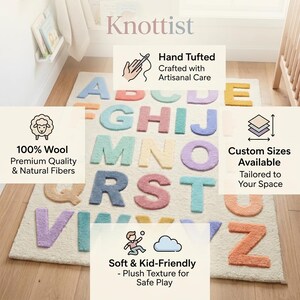 May include: A rectangular area rug with a cream-colored base featuring the alphabet in raised, tufted letters of various pastel colors including blue, pink, yellow, and green. The rug displays the text Knottist at the top with informational overlays.