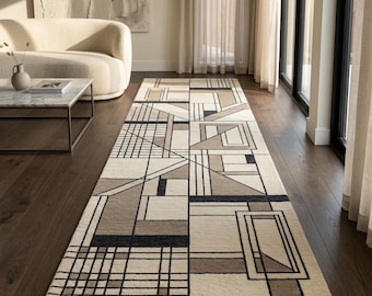 Handmade Geometric Wool Runner Rug, Modern Abstract Tufted Carpet, Hallway Decor