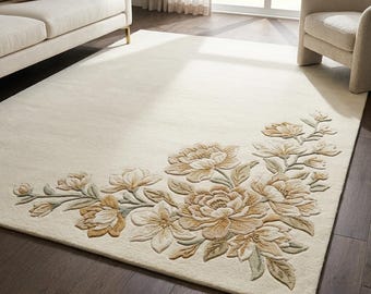 Floral Area Rug, Vintage Flower Rug, Botanical Wool Rug, Cream Floral Carpet, Cottagecore Decor, Handmade Tufted Rug, Living Room Rug