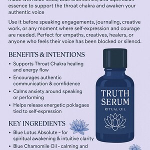 Könnte beinhalten: Eine dunkelblaue Flasche Truth Serum Ritualöl mit schwarzem Deckel, mit dem Text "Truth Serum" und einer Lotusblumen-Illustration. Das Bild enthält Text über die Vorteile und Inhaltsstoffe des Öls.