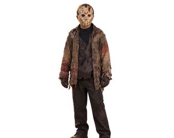 May include: A costume featuring a beige hockey mask with red markings and distressed details, worn with a tattered, mud-stained brown jacket over a black shirt, dark brown trousers, and dark gloves, creating a weathered and worn appearance.