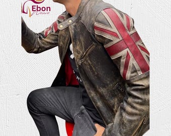 Chaqueta motera Union Jack de edición limitada: chaqueta de motociclista vintage de cuero auténtico desgastado para hombre, estilo bandera del Reino Unido.