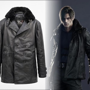 May include: A black leather coat with a faux fur collar. The coat has a double-breasted design with six buttons, two front pockets, and adjustable cuffs. The coat is shown on a white background and on a person.
