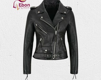 Premium Women’s Brando Biker Jacket – Slim Fit Black Leather Motorcycle Coat | Classic Moto Style