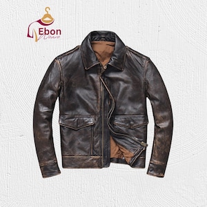 Blouson aviateur A2 en édition limitée - Manteau aviateur aviateur Air Force en cuir vieilli marron pour homme, style vintage