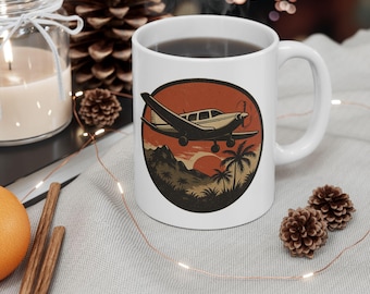 Vintage Adventure Aviation Mug / Piper Cherokee Tropical Sunset Design / Pilot Gift for Travelers & Flyers Ceramic Mug, (11oz, 15oz)