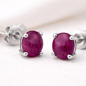 Natural 5mm Round Cabochon Indian Ruby Stud Earrings Sterling Silver Handmade Minimal Jewelry