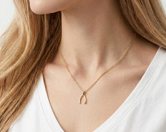 14K Gold Wishbone Pendant Necklace