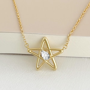 Star Necklace with Teardrop CZ, Dainty 18K Gold Open Star Pendant, Minimalist Celestial Jewelry, Christmas Gift for Her, Summer Star Charm
