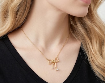 Dainty 18K Gold Bow Necklace, Bowknot Pendant with Cubic Zirconia