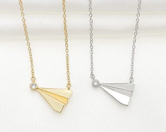 Dainty Paper Airplane Necklace, 18K Gold or Platinum Plated, Travel Gift