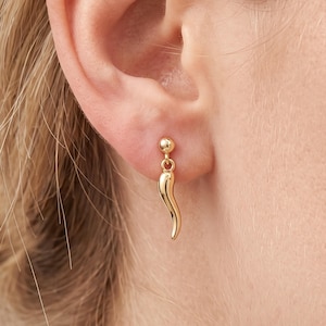 Könnte beinhalten: Ein goldfarbener Ohrring mit einem kleinen, gebogenen Hornanhänger. Der Ohrring ist im Hänge-Stil gehalten, mit einem kleinen Kugelstecker oben. Der Hornanhänger ist glatt und poliert und reflektiert das Licht.