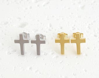 14K Gold Cross Earrings, Religious Stud Earrings, Minimalist Christian Jewelry, Delicate Baptism Gifts for  Her