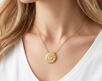 Collar de girasol de oro de 14 quilates con piedra de nacimiento, collar floral personalizado, joyería inspirada en la naturaleza, regalo para ella.