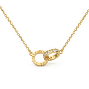 Personalized interlocking Circle Necklace with CZ, Custom Engraved Name Necklace, Dainty Double Ring Pendant, Gifts for Mom