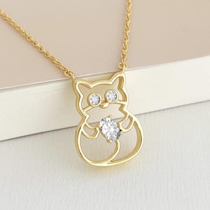Cat Necklace with CZ, Dainty Gold Outline Cat Pendant, Minimalist Kitten Jewelry, Cute Gift for Cat Lover or Cat Mom, Line Art Animal Charm