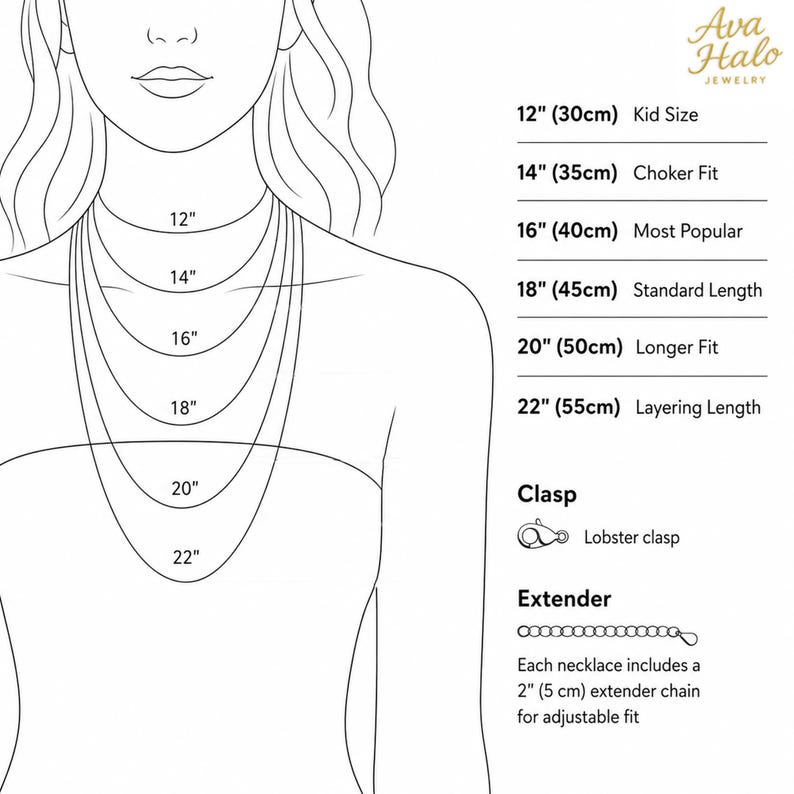 Może przedstawiać: Czarno-biały rysunek liniowy przedstawiający długości naszyjnik&oacute;w od 30 cm do 55 cm na szyi. Etykiety tekstowe zawierają Ava Halo Jewelry, rozmiary w cm, zapięcie typu karabińczyk oraz 5-centymetrowy łańcuszek przedłużający do regulacji.