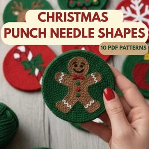 May include: A collection of Christmas-themed punch needle shapes. The image features a gingerbread man design, a candy cane, a snowflake, and a Christmas tree. The text reads "Christmas Punch Needle Shapes" and "10 PDF Patterns".
